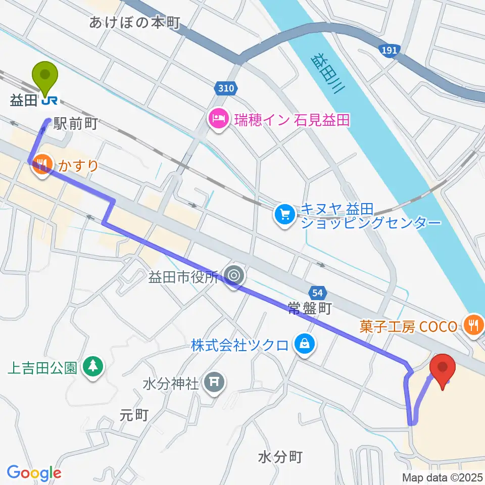 島根県芸術文化センター グラントワの最寄駅益田駅からの徒歩ルート（約16分）地図