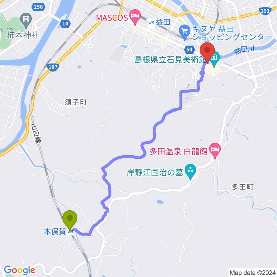 本俣賀駅から島根県立いわみ芸術劇場グラントワへのルートマップ地図