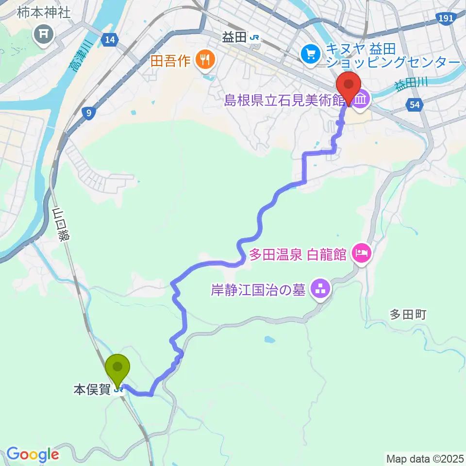 本俣賀駅から島根県立いわみ芸術劇場グラントワへのルートマップ地図