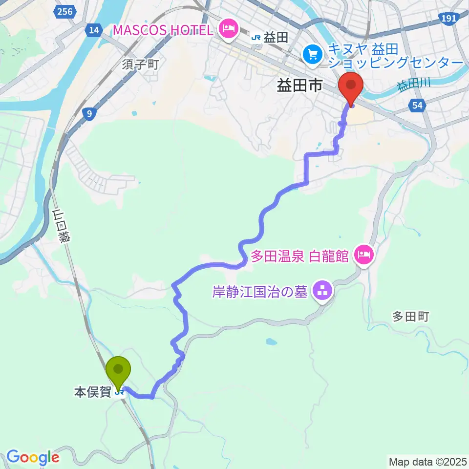 本俣賀駅から島根県立いわみ芸術劇場グラントワへのルートマップ地図