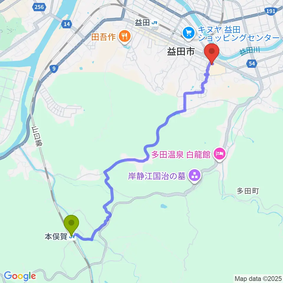 本俣賀駅から島根県芸術文化センター グラントワへのルートマップ地図