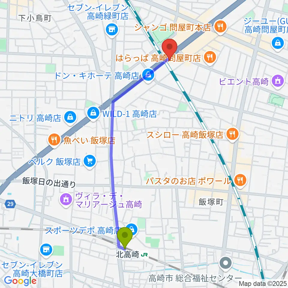 北高崎駅から高崎シューベルトサロンへのルートマップ地図