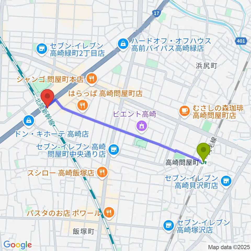 高崎シューベルトサロンの最寄駅高崎問屋町駅からの徒歩ルート（約20分）地図