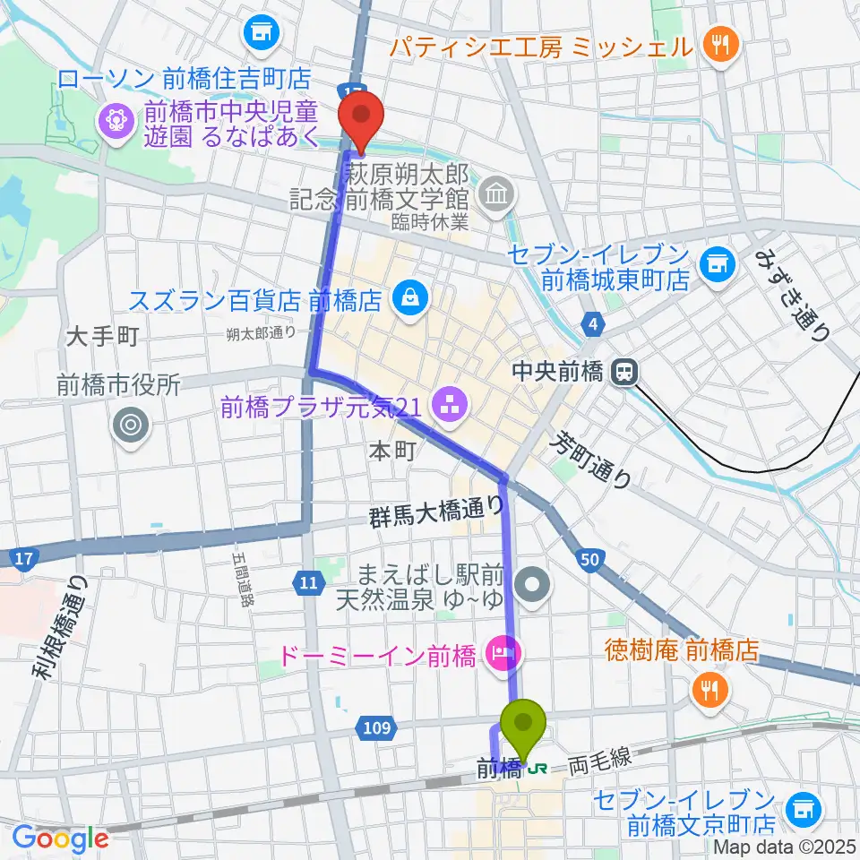 前橋駅からシューベルトサロン前橋へのルートマップ地図