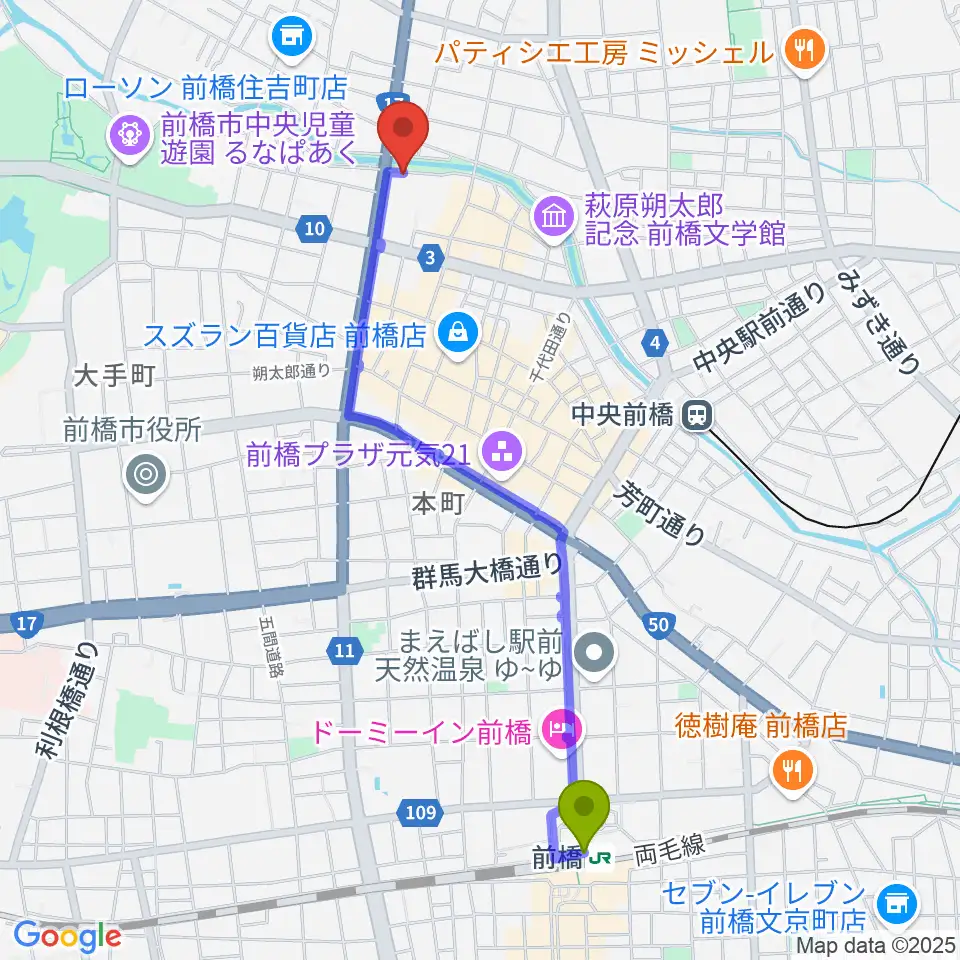 前橋駅からシューベルトサロン前橋へのルートマップ地図