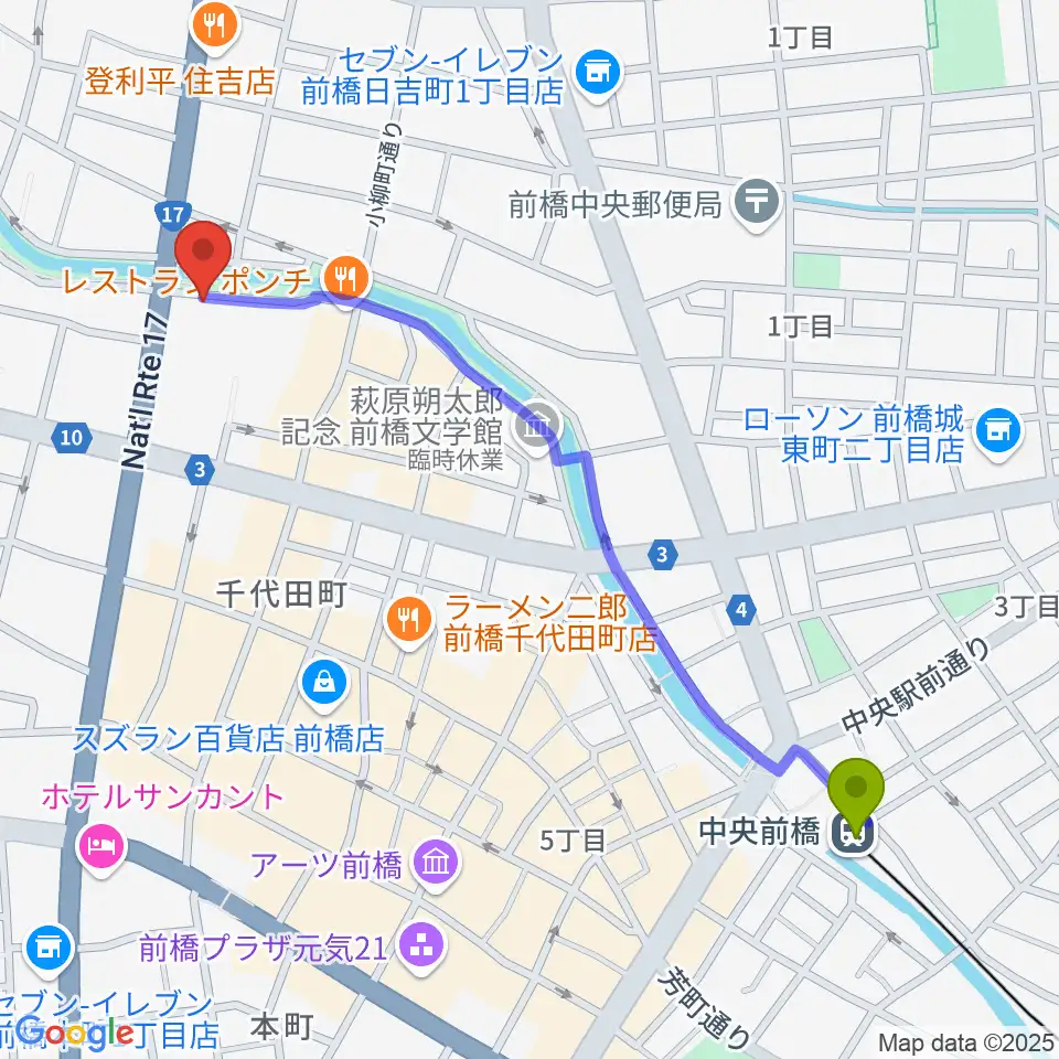 シューベルトサロン前橋の最寄駅中央前橋駅からの徒歩ルート（約12分）地図