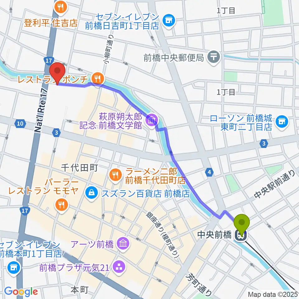 シューベルトサロン前橋の最寄駅中央前橋駅からの徒歩ルート（約12分）地図
