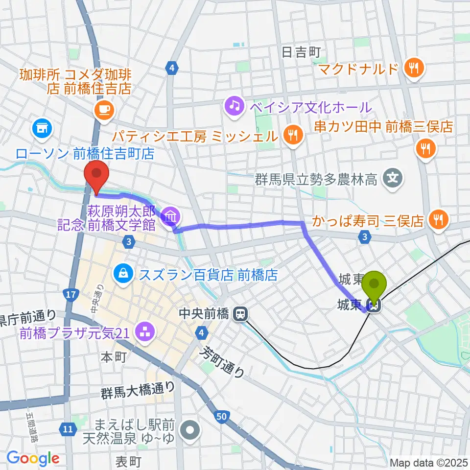 城東駅からシューベルトサロン前橋へのルートマップ地図