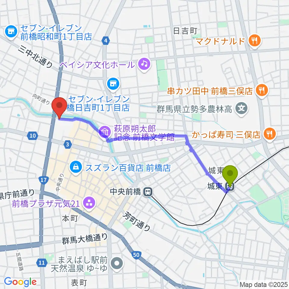城東駅からシューベルトサロン前橋へのルートマップ地図