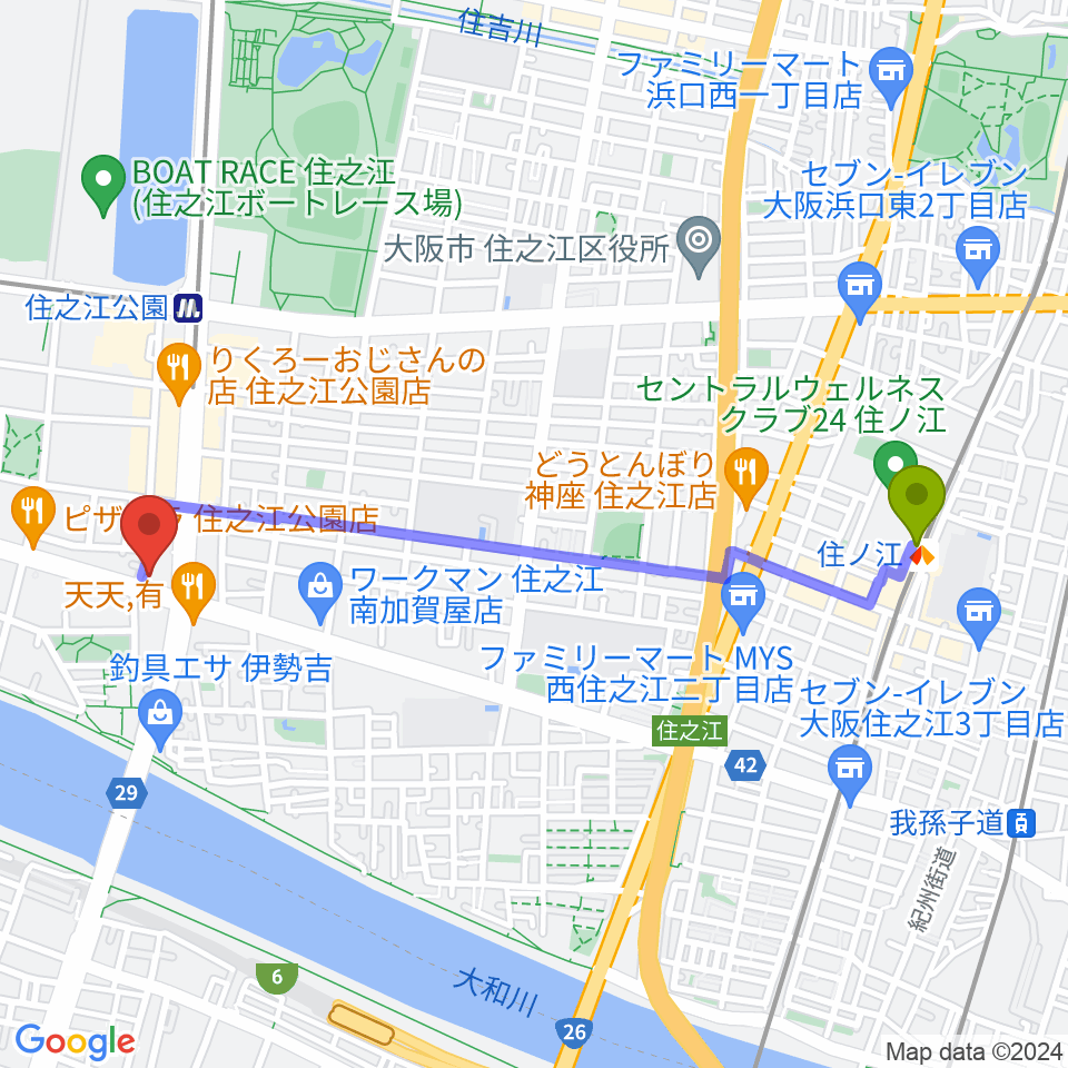 住ノ江駅から住之江スタジオへのルートマップ地図