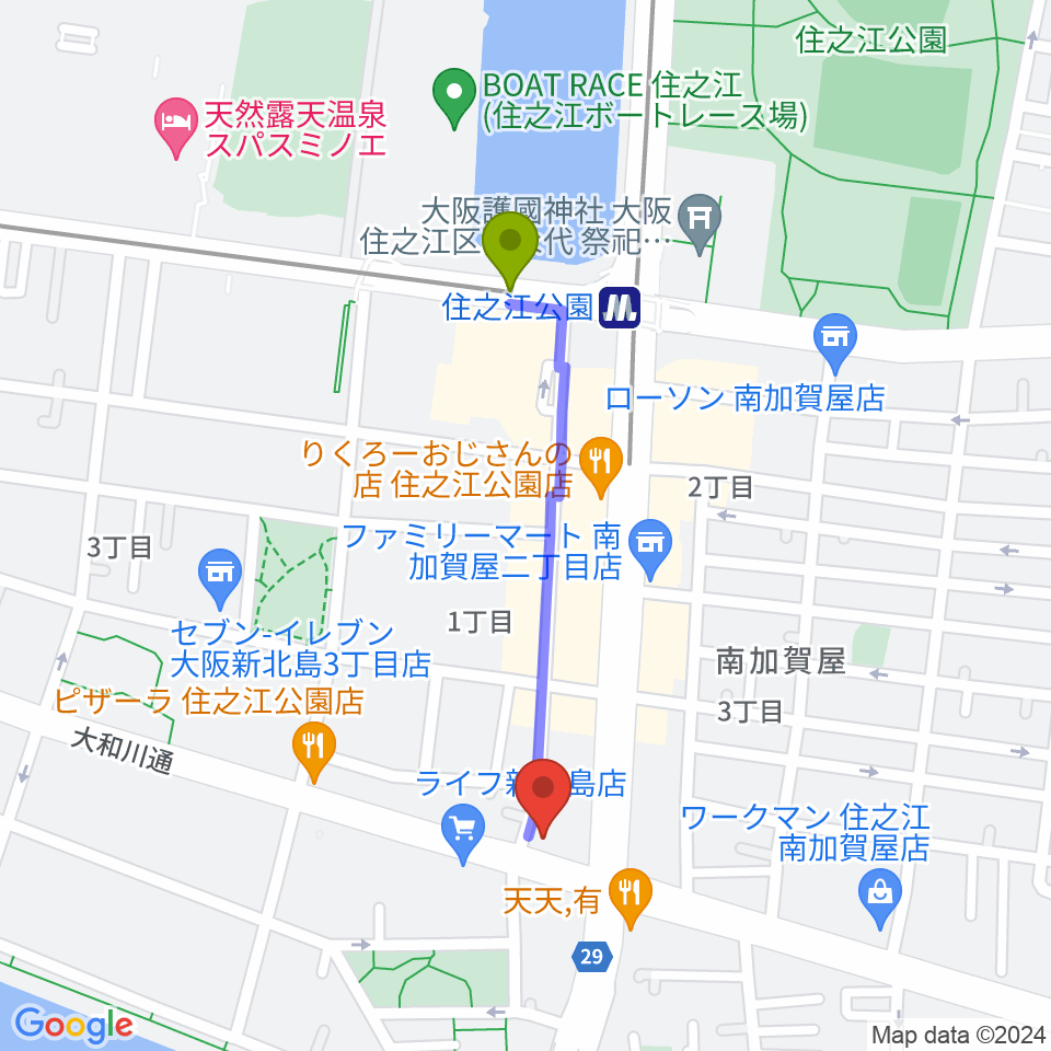 住之江スタジオの最寄駅住之江公園駅からの徒歩ルート（約8分）地図