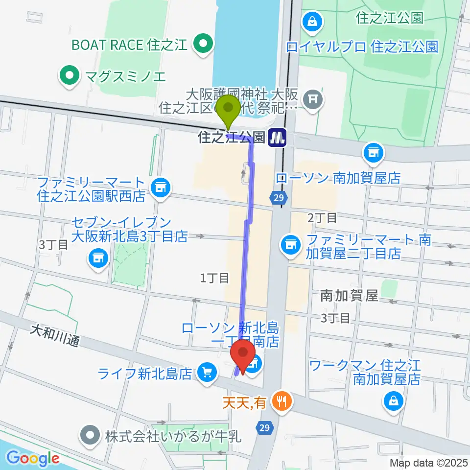 住之江スタジオの最寄駅住之江公園駅からの徒歩ルート（約8分）地図