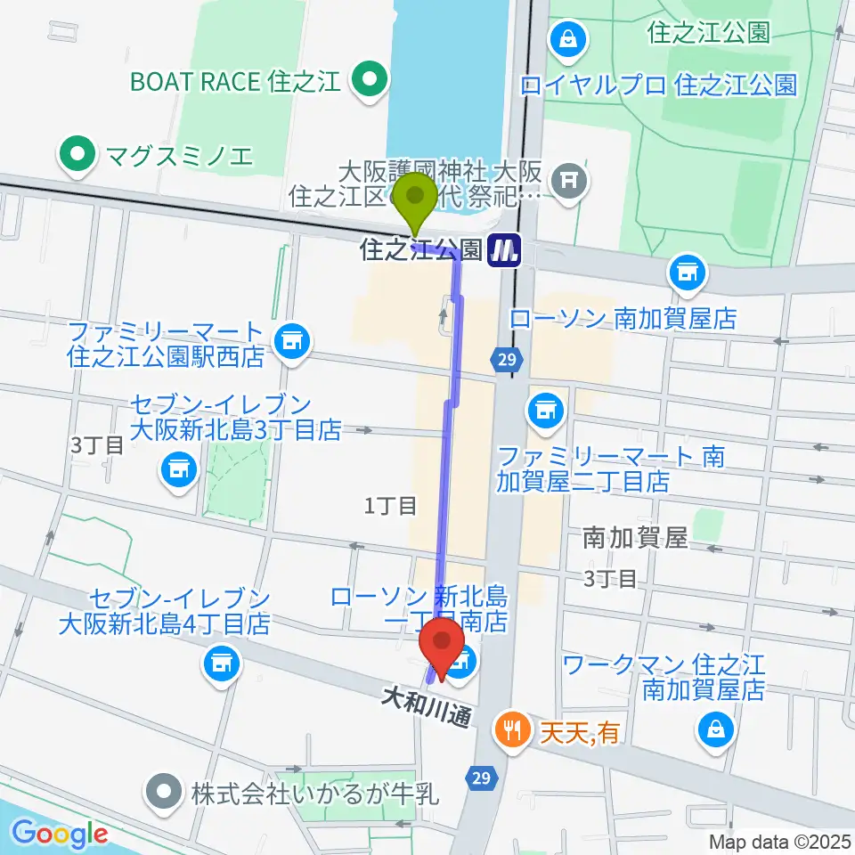 住之江スタジオの最寄駅住之江公園駅からの徒歩ルート（約8分）地図