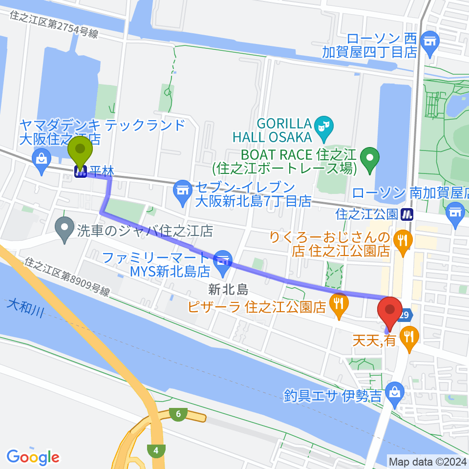 平林駅から住之江スタジオへのルートマップ地図