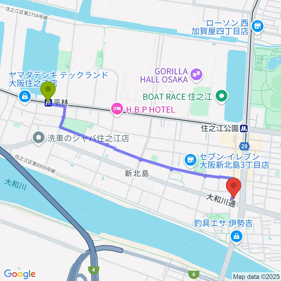 平林駅から住之江スタジオへのルートマップ地図