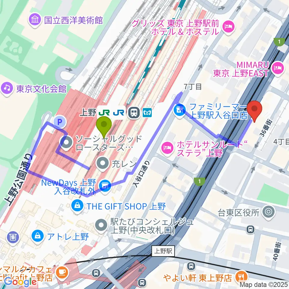 スタジオアンサンブルの最寄駅上野駅からの徒歩ルート（約4分）地図