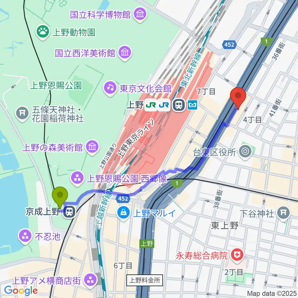 京成上野駅からスタジオアンサンブルへのルートマップ地図