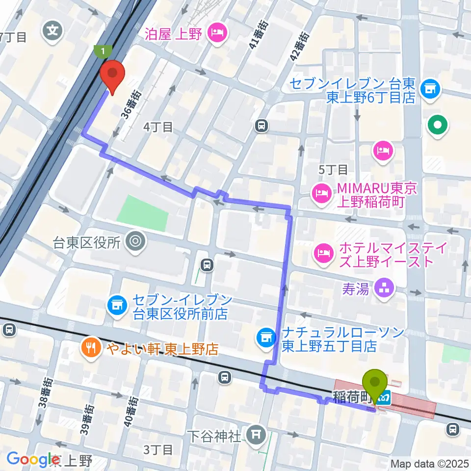 稲荷町駅からスタジオアンサンブルへのルートマップ地図