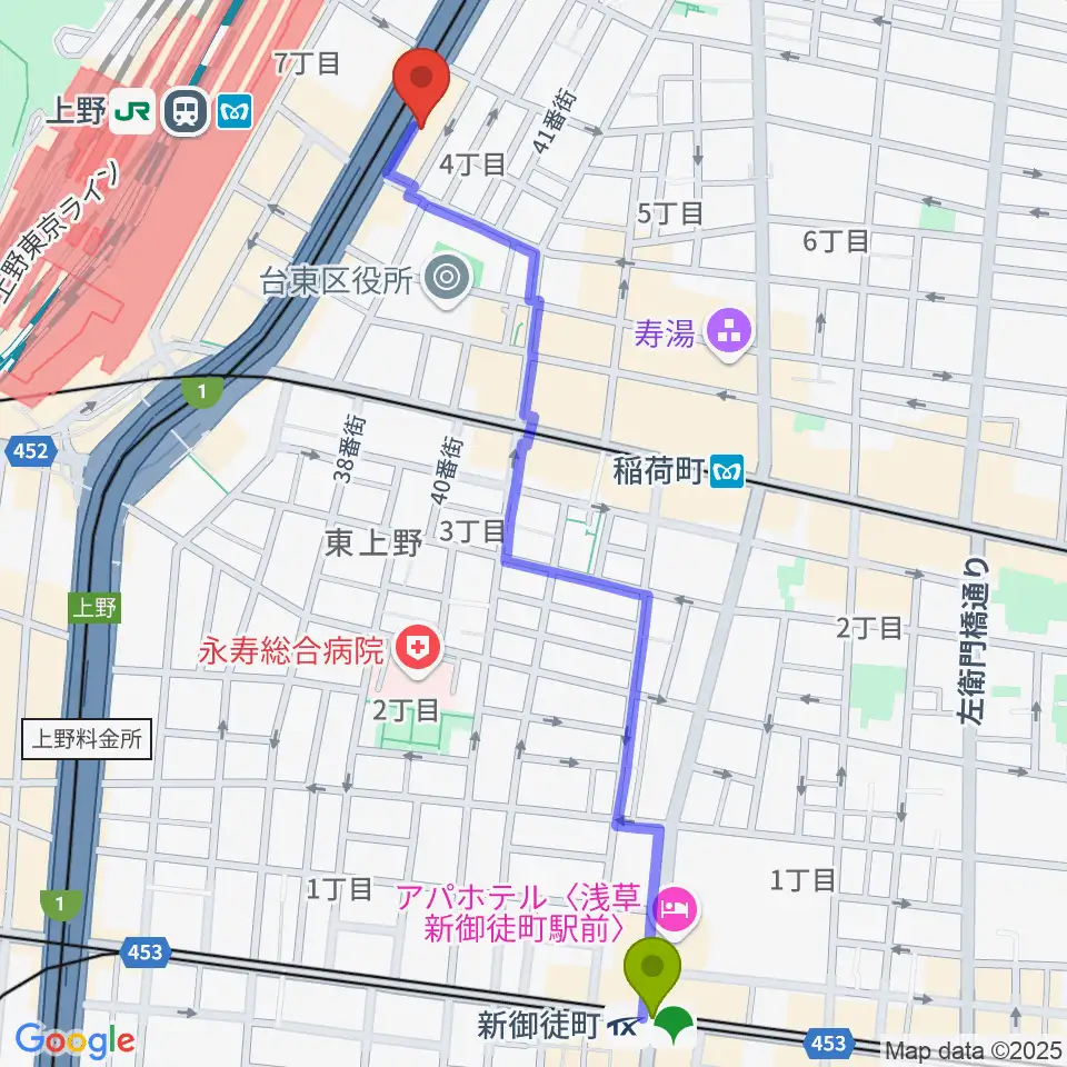 新御徒町駅からスタジオアンサンブルへのルートマップ地図