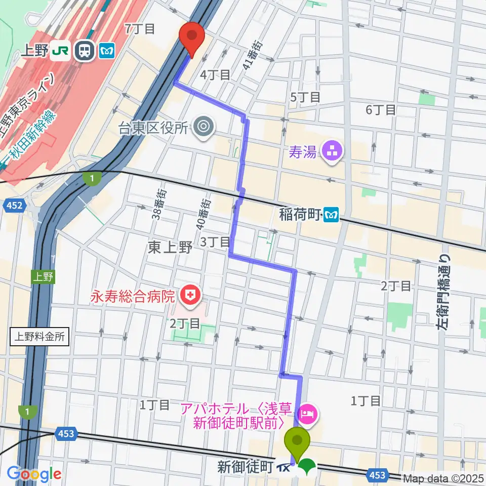 新御徒町駅からスタジオアンサンブルへのルートマップ地図