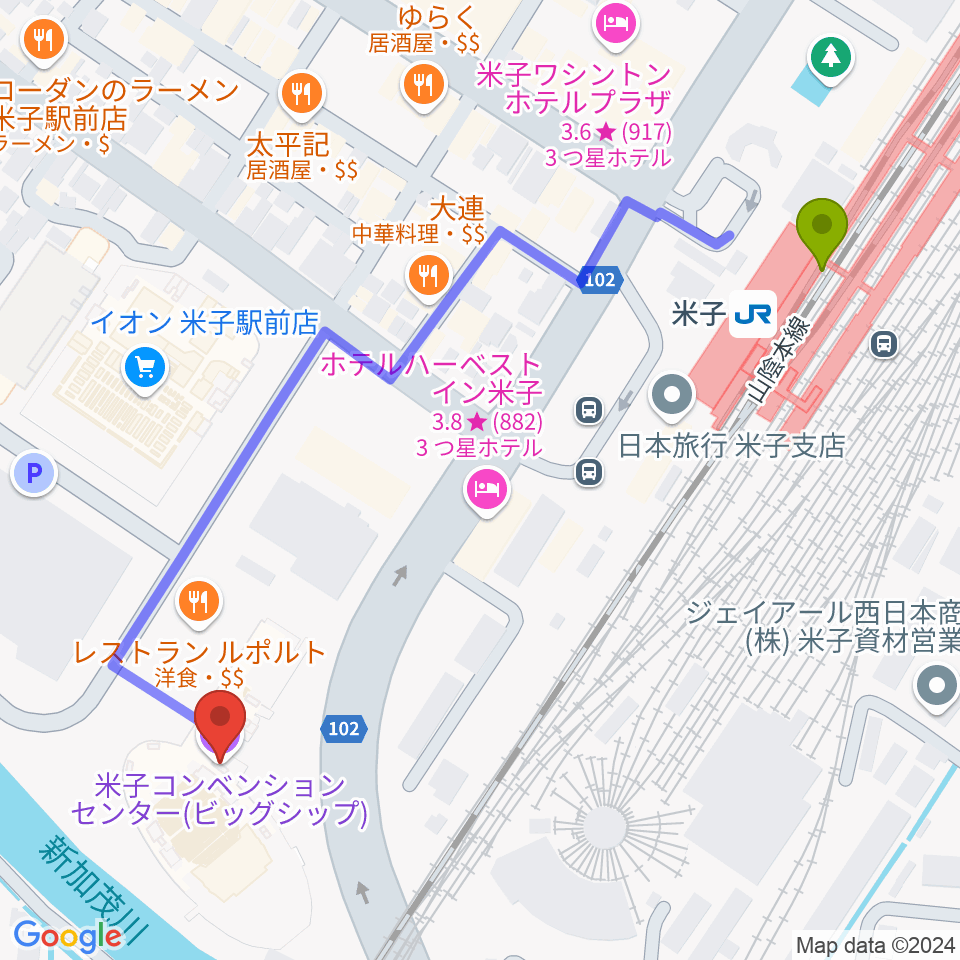 米子コンベンションセンター BiG SHiPの最寄駅米子駅からの徒歩ルート（約6分）地図