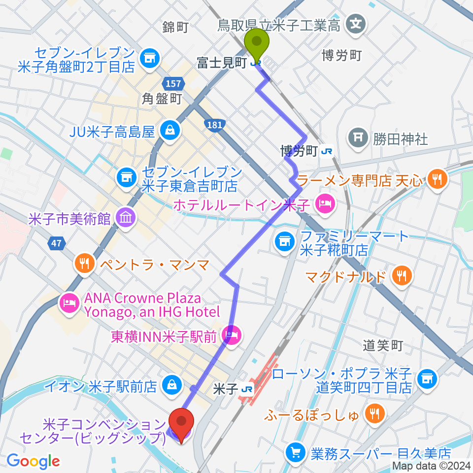 富士見町駅から米子コンベンションセンター BiG SHiPへのルートマップ地図