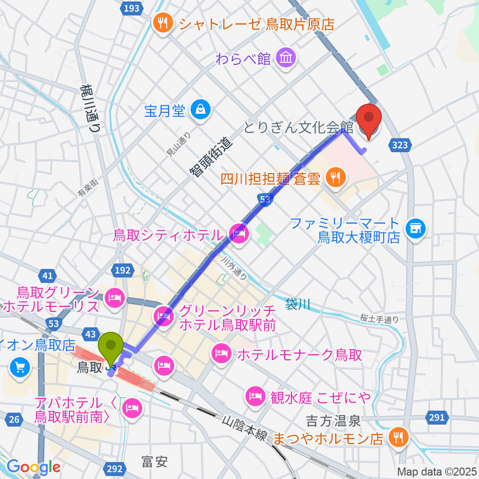 とりぎん文化会館の最寄駅鳥取駅からの徒歩ルート（約22分）地図