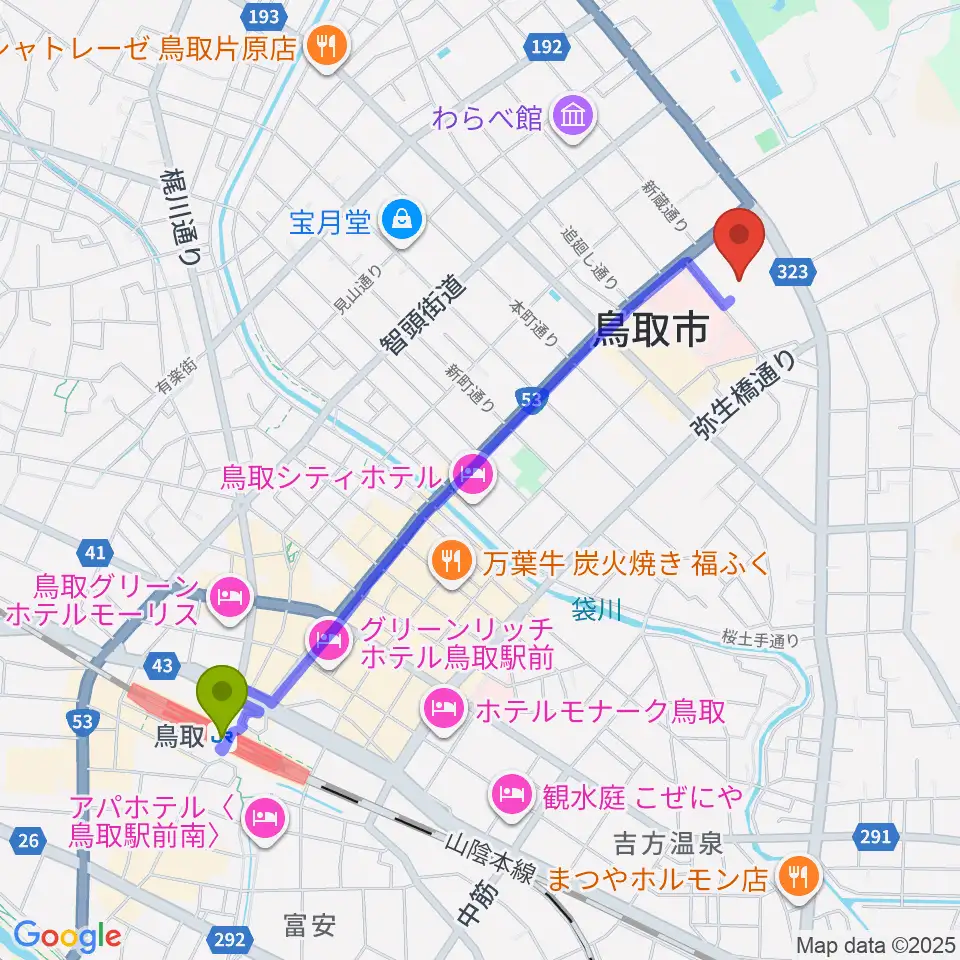 とりぎん文化会館の最寄駅鳥取駅からの徒歩ルート（約22分）地図