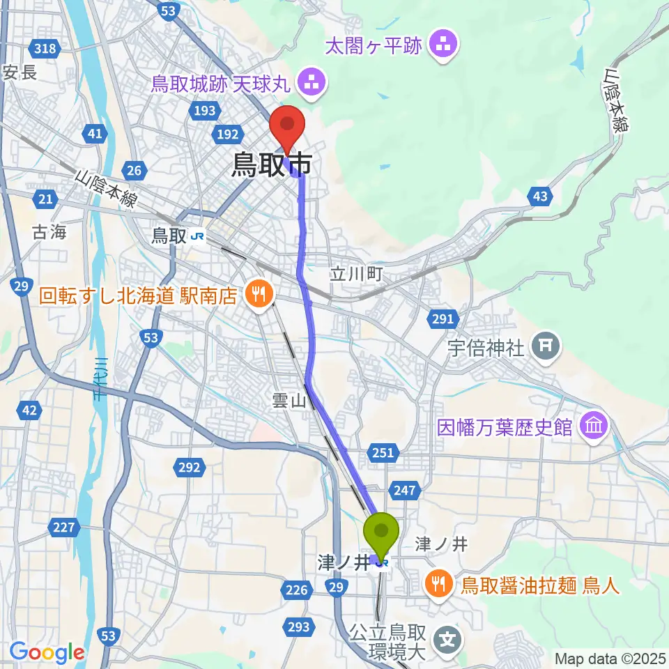 津ノ井駅からとりぎん文化会館へのルートマップ地図
