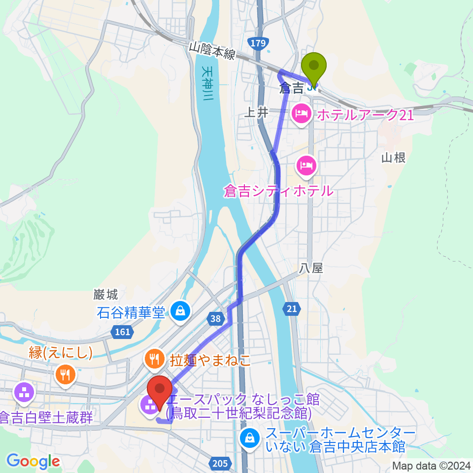 エースパック未来中心の最寄駅倉吉駅からの徒歩ルート（約47分）地図