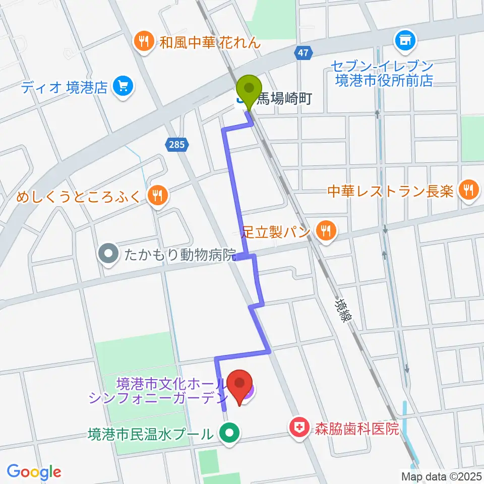馬場崎町駅から境港市文化ホールへのルートマップ地図