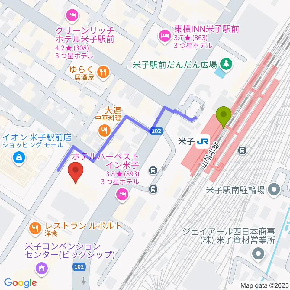 米子市文化ホールの最寄駅米子駅からの徒歩ルート（約4分）地図