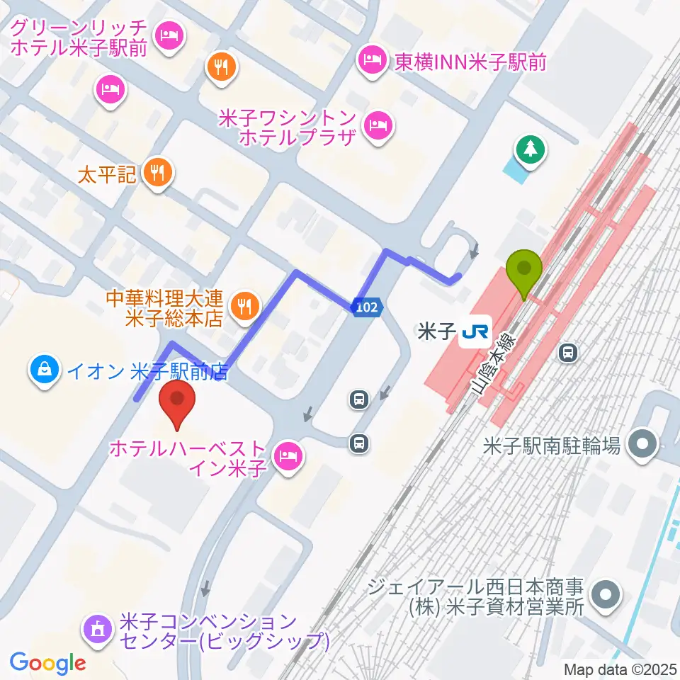 米子市文化ホールの最寄駅米子駅からの徒歩ルート（約4分）地図