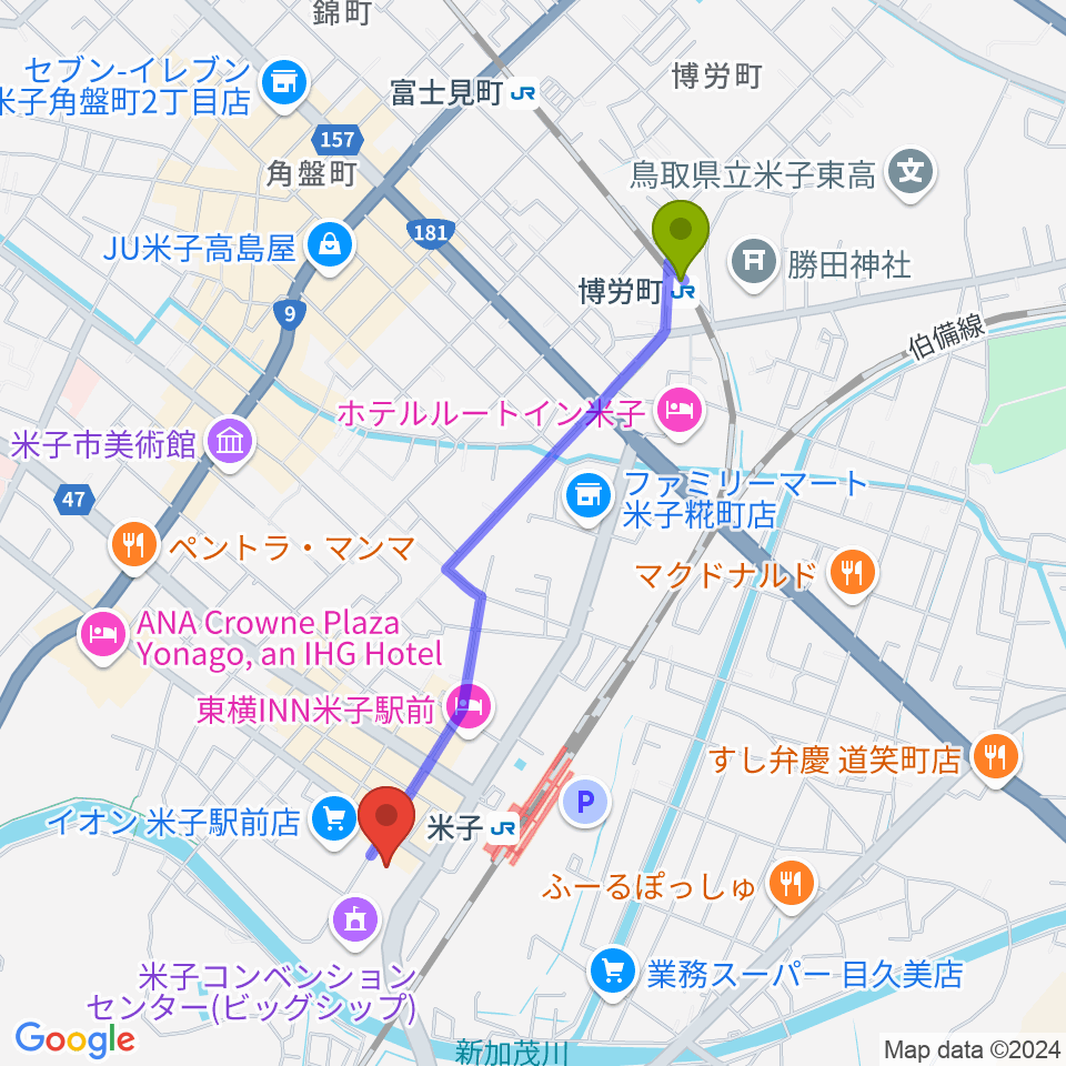 博労町駅から米子市文化ホールへのルートマップ地図