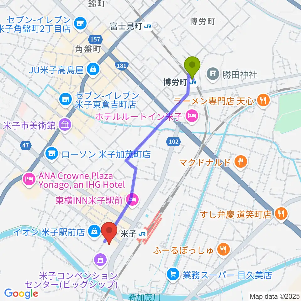 博労町駅から米子市文化ホールへのルートマップ地図