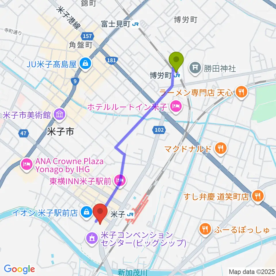 博労町駅から米子市文化ホールへのルートマップ地図