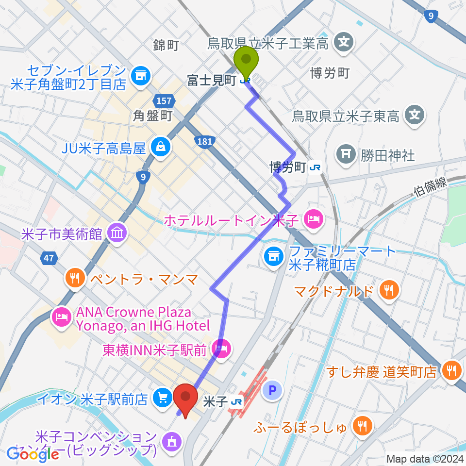 富士見町駅から米子市文化ホールへのルートマップ地図