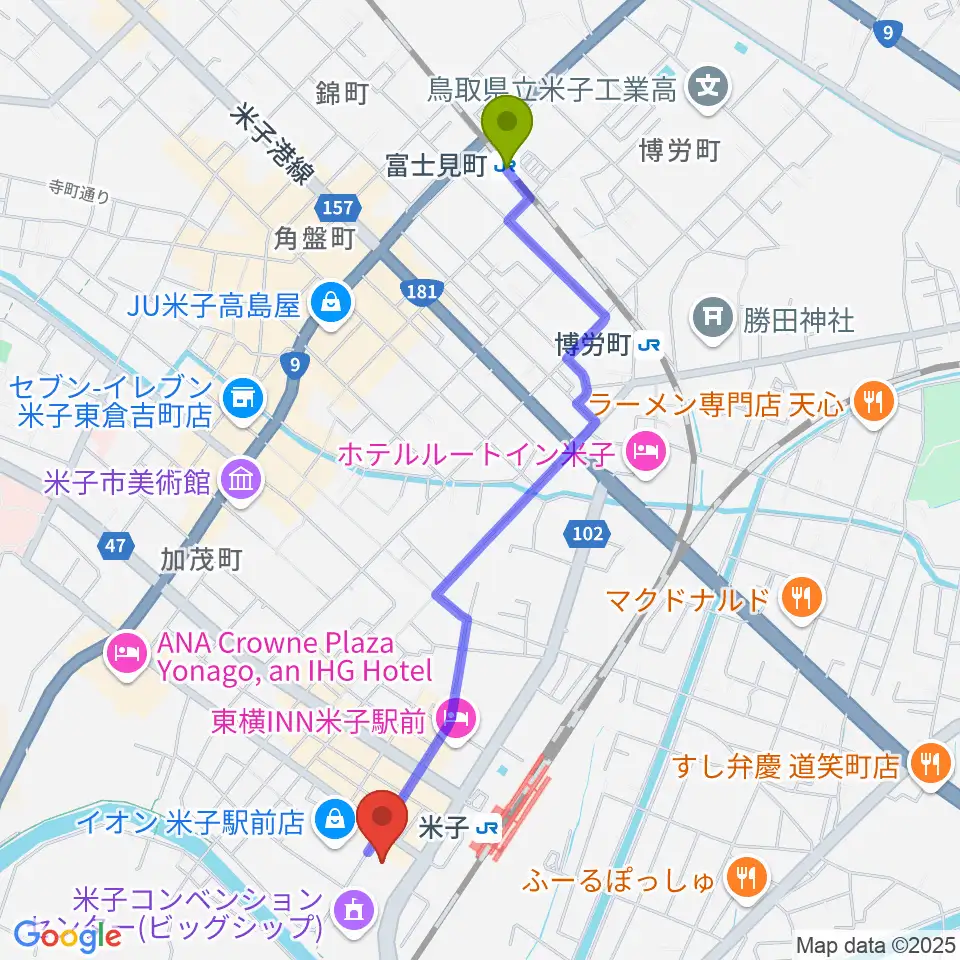 富士見町駅から米子市文化ホールへのルートマップ地図