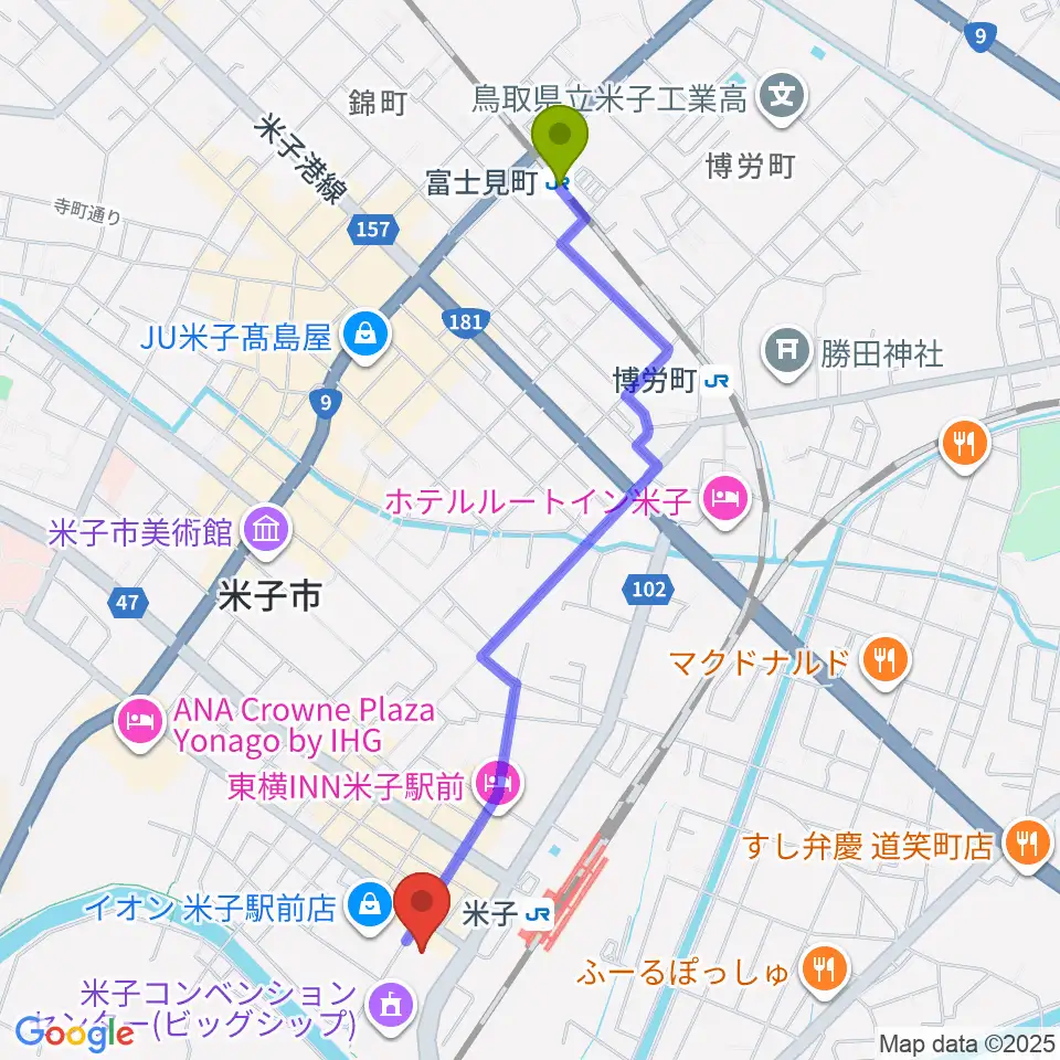 富士見町駅から米子市文化ホールへのルートマップ地図