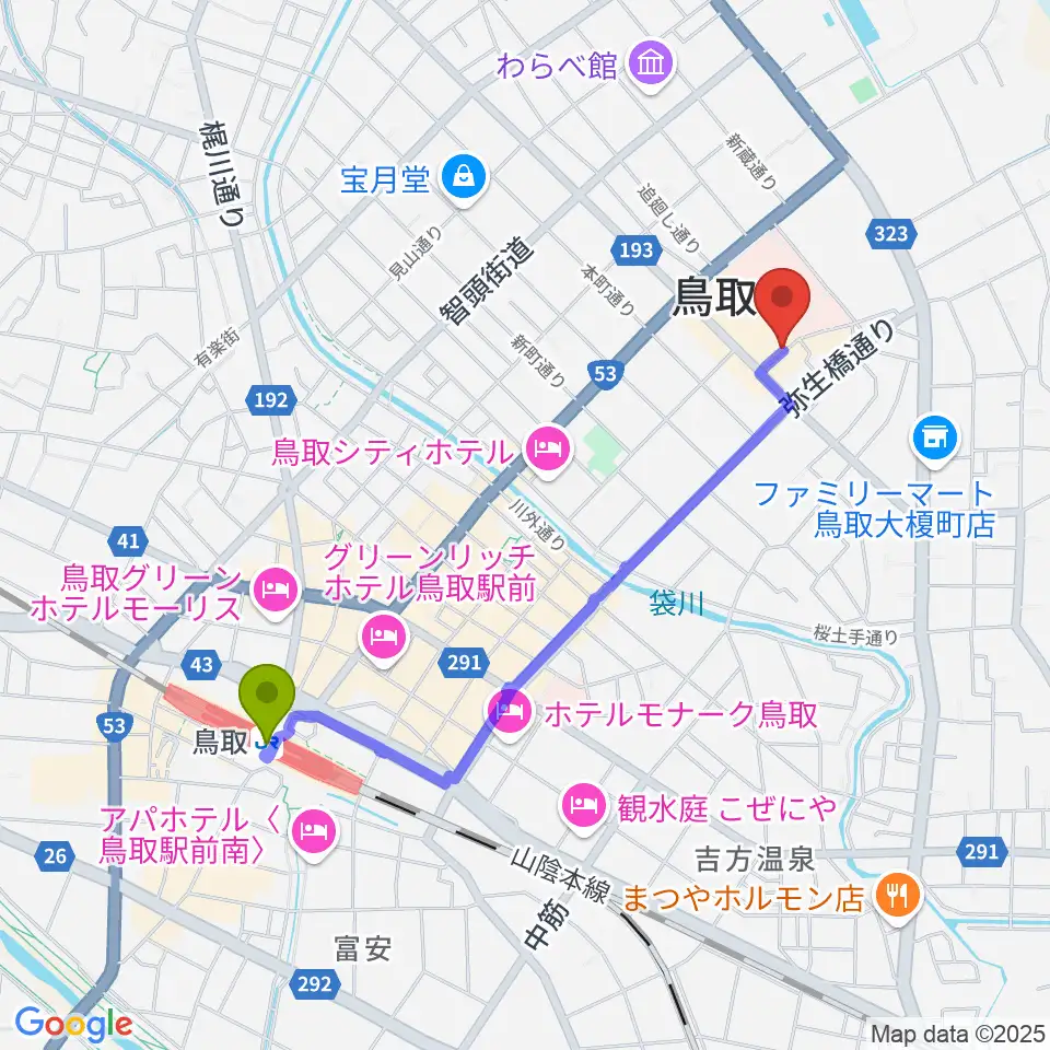 鳥取市民会館の最寄駅鳥取駅からの徒歩ルート（約19分）地図