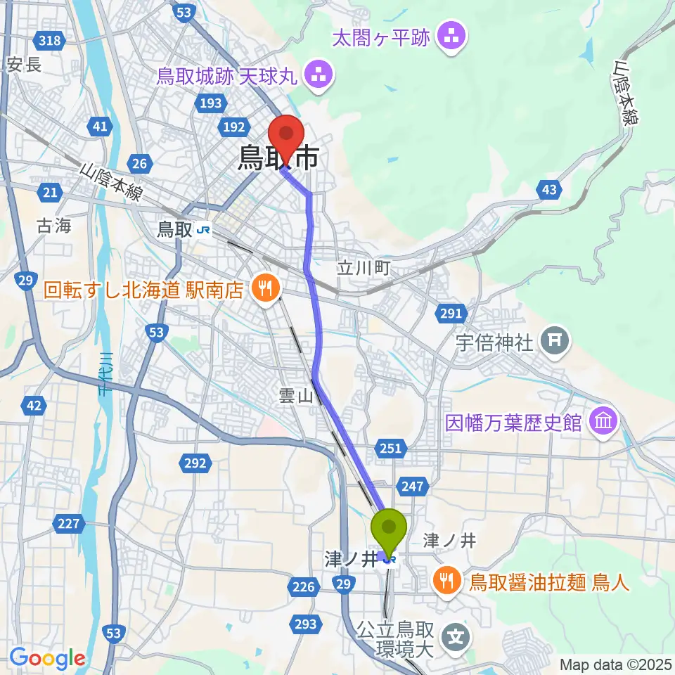 津ノ井駅から鳥取市民会館へのルートマップ地図