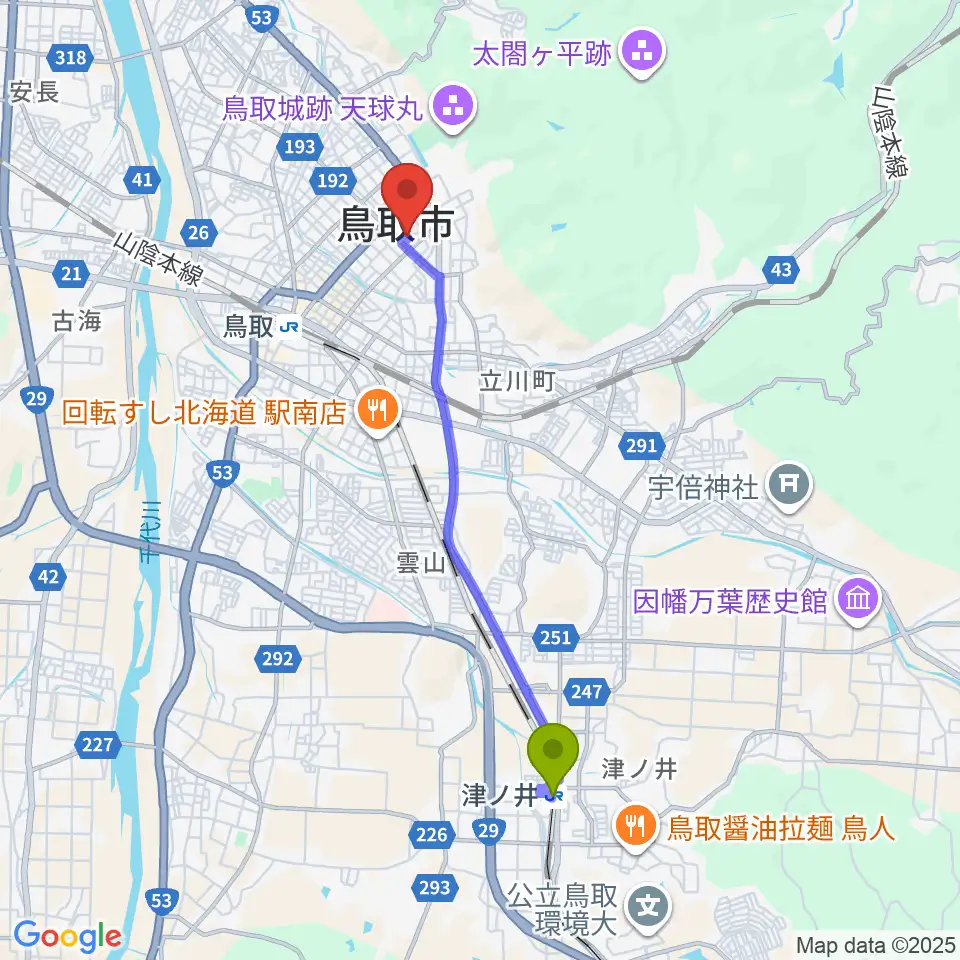 津ノ井駅から鳥取市民会館へのルートマップ地図