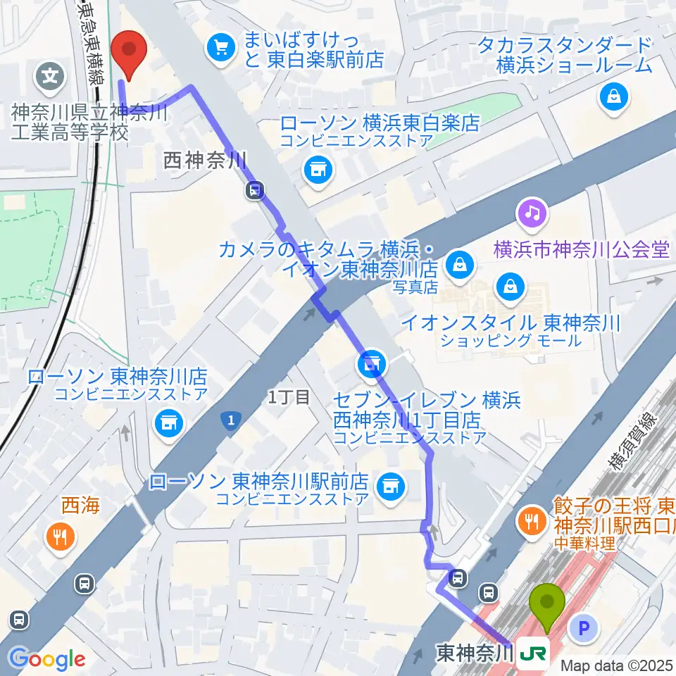 東神奈川駅からセントラル楽器へのルートマップ地図