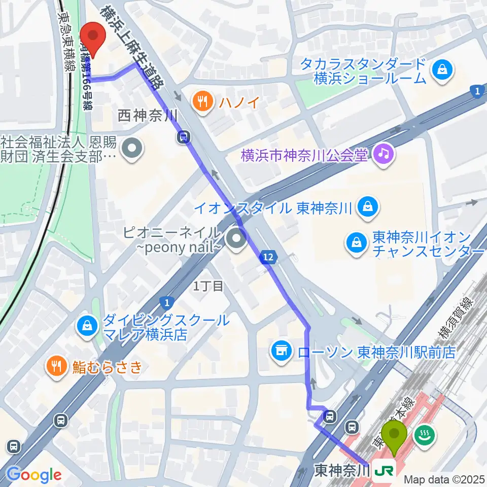 東神奈川駅からセントラル楽器へのルートマップ地図
