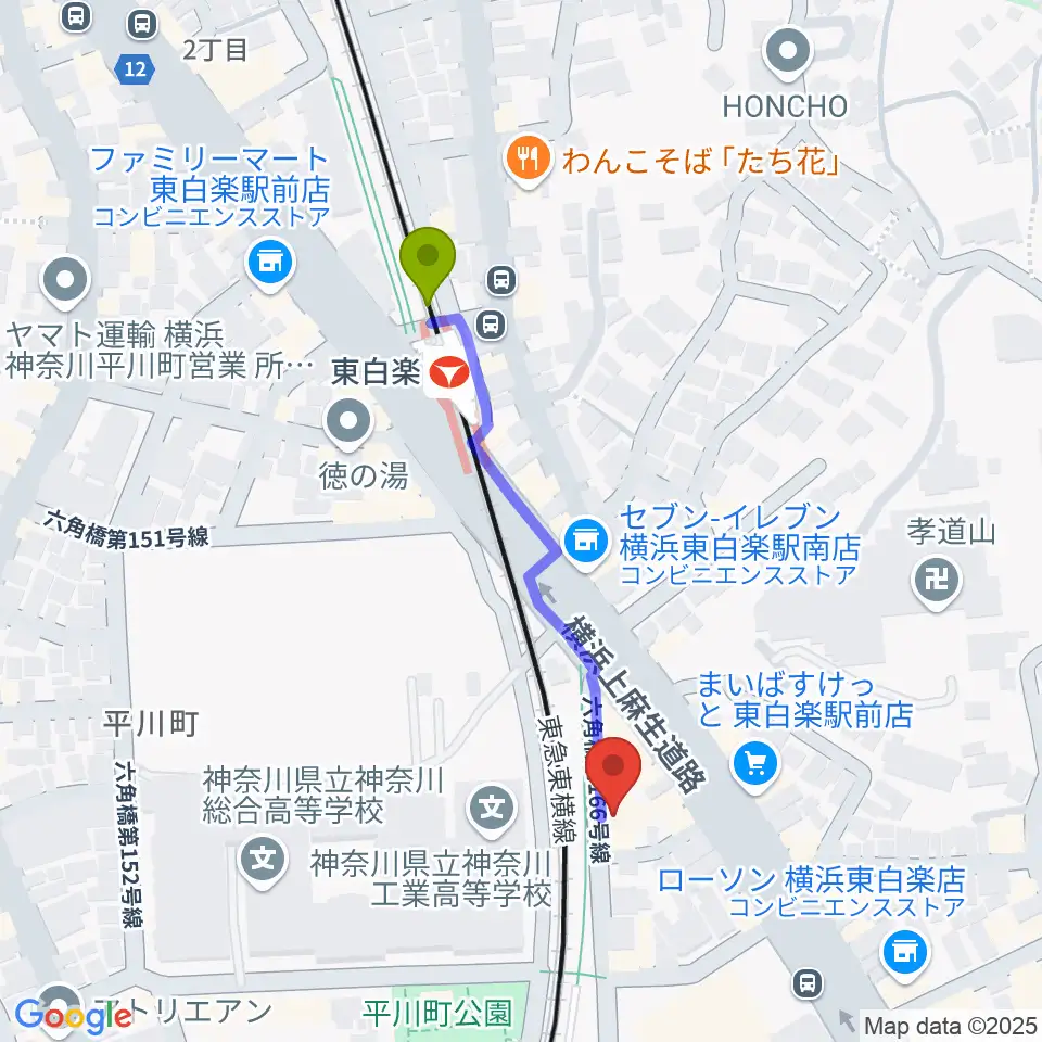 セントラル楽器の最寄駅東白楽駅からの徒歩ルート（約4分）地図