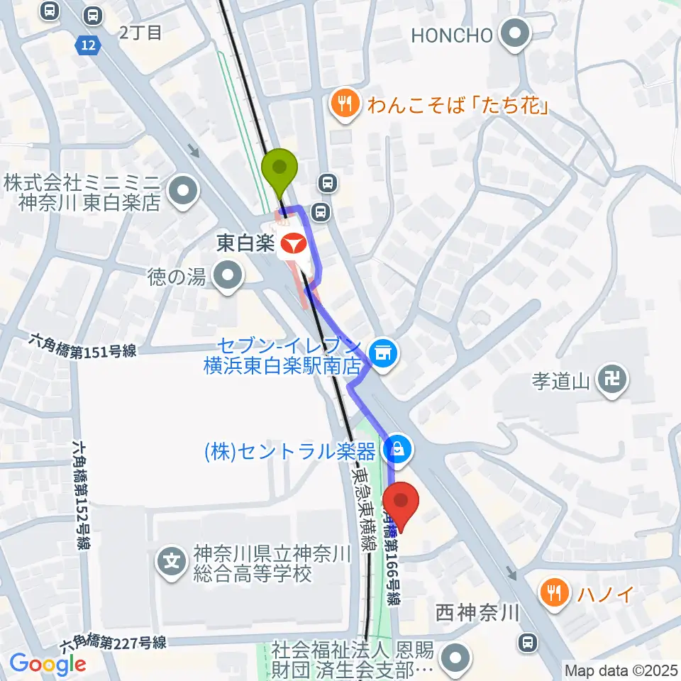 セントラル楽器の最寄駅東白楽駅からの徒歩ルート（約4分）地図