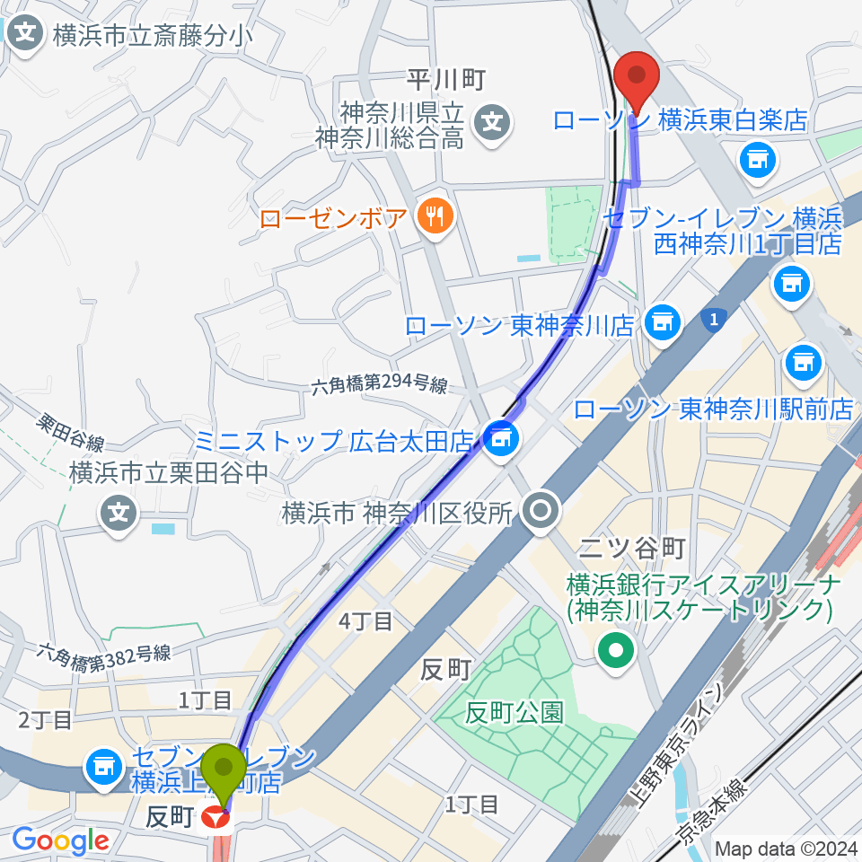 反町駅からセントラル楽器へのルートマップ地図