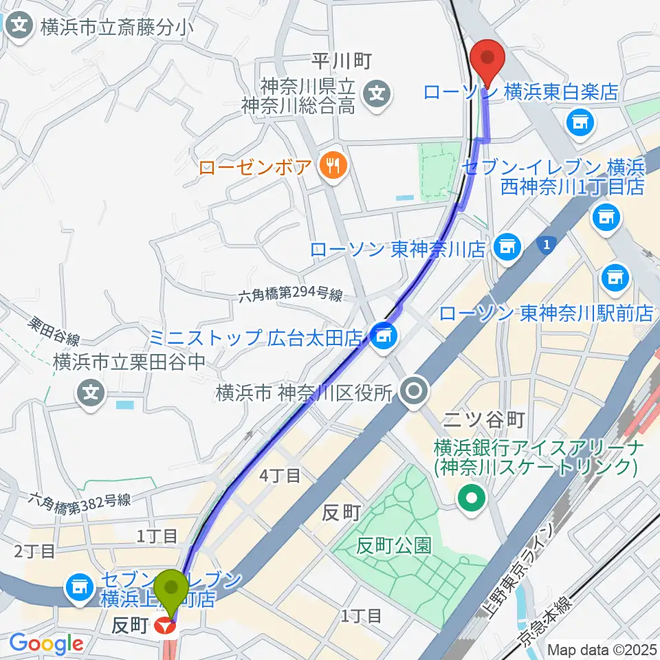 反町駅からセントラル楽器へのルートマップ地図