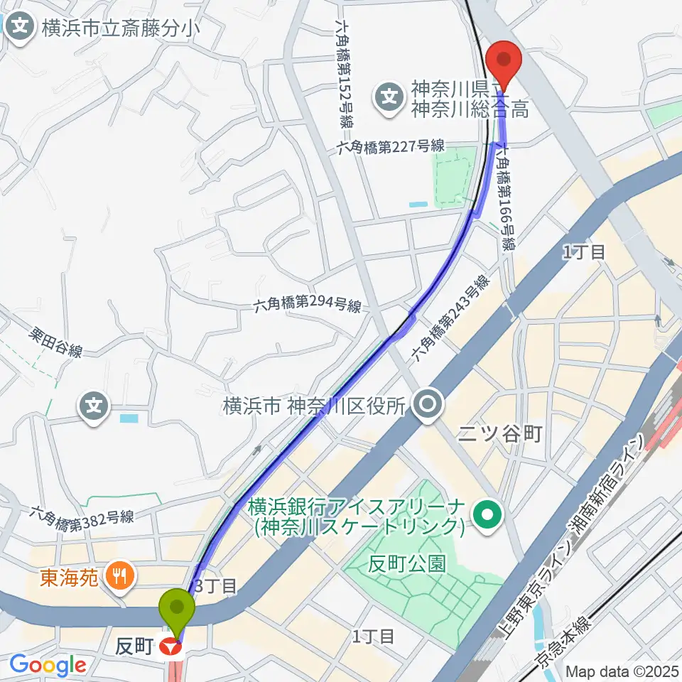 反町駅からセントラル楽器へのルートマップ地図