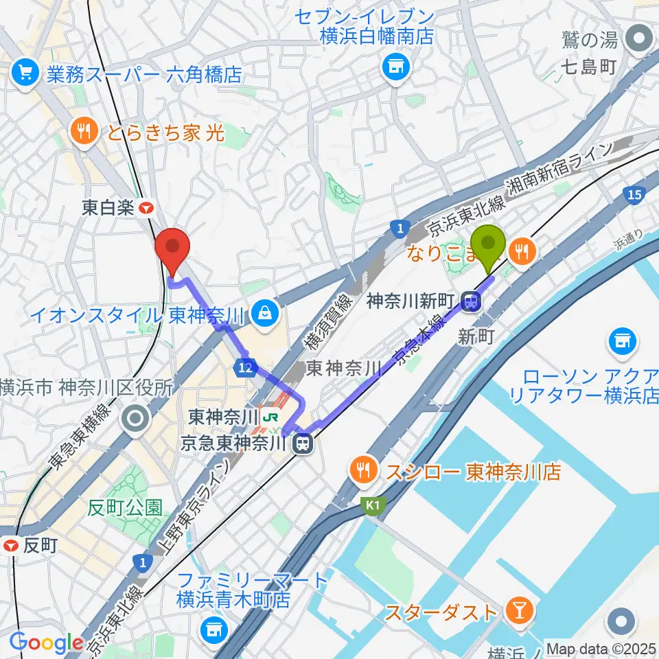 神奈川新町駅からセントラル楽器へのルートマップ地図
